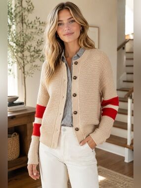 Scotch & Soda Raffia Town Linen Blend Varsity Stripe Cardigan Beige Size XS